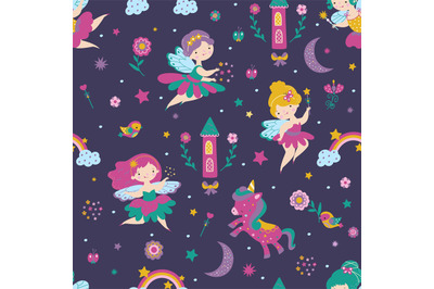 Fairy seamless pattern. Child tale characters, print with fairies, cas