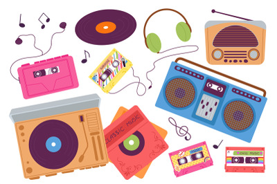 Music retro elements. Vintage 90 style party item, retro cassette and