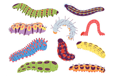 Spring caterpillars. Cartoon insect caterpillar, cute garden and fores