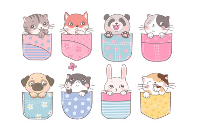 Cute pocket animal. Cartoon pockets kitten, dog and bunny. Happy frien