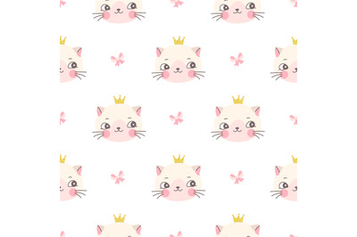 Cat princess seamless pattern. Kitty in gold crown&2C; cute funny print f