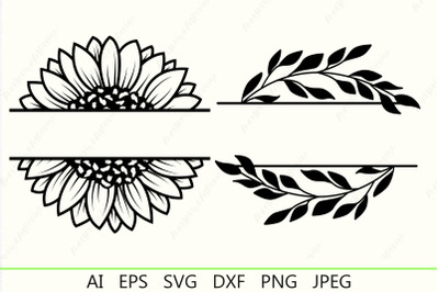 Sunflower spit monogram svg&2C; Family name floral frame svg