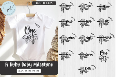13 set Boho Baby Milestone SVG with feather ornaments