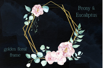 Floral frame Watercolor eucalyptus and peony flowers clipart