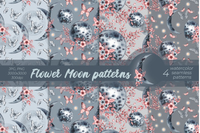 Flower Moon patterns/ Watercolor Patterns PNG, JPG