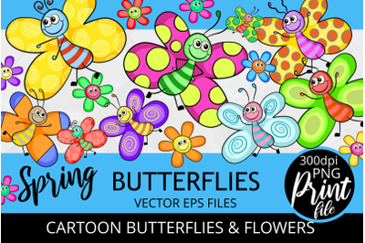 Cartoon Child Like Butterflies and Flowers Vector Clipart