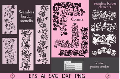 Bundle of floral seamless borders and stencils, corner elements and ve