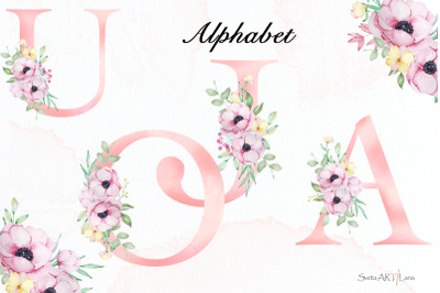 Watercolor pink alphabet with flowers