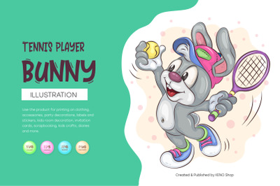 Cartoon Bunny Tennis Player. T-Shirt, PNG, SVG.