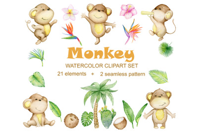 Watercolor. Monkeys clipart, cute tropical monkeys, For instant downlo
