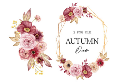 Watercolor Boho Wreath Clipart, Autumn bouquet, Floral fall frame