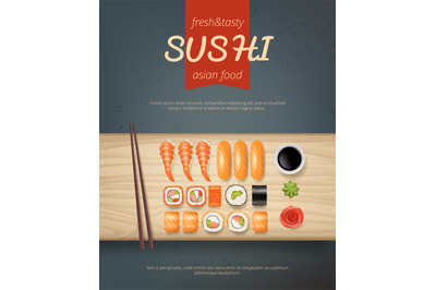 Asian food poster. Ads placard for japan gourmet traditional cuisine w