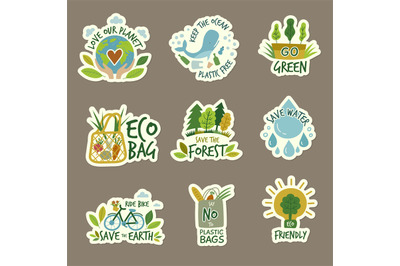 Ecology. Stickers with green planets eco environment friendly ecology