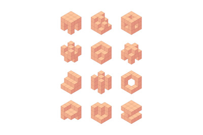 Wooden cubes. Isometric blocks for game kids square toys garish vector