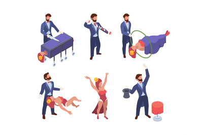 Magician isometric. Circus show scenes with fairytale characters attra