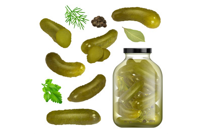 Pickled cucumbers. Sliced gourmet products herbs parsley black pepper