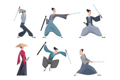 Samurai. Male asian warriors with sword various action poses exact vec