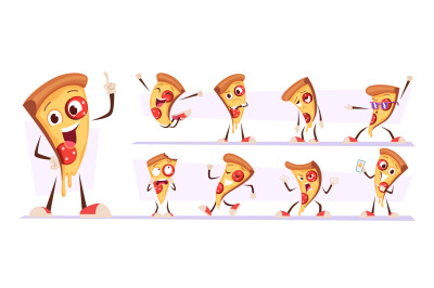 Pizza mascot. Funny food character in action poses happy styling cute