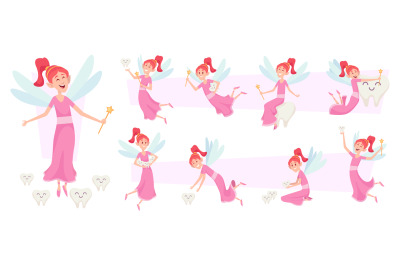 Tooth fairy characters. Female fairytale princess cute little girl hol