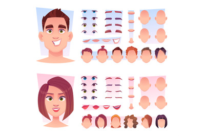 Male face constructor. Man face parts avatar creation kit lips nose ey