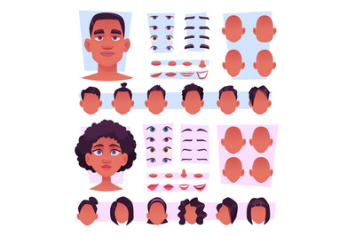 Afro characters. Stylish african persons avatar creation kit big eyes