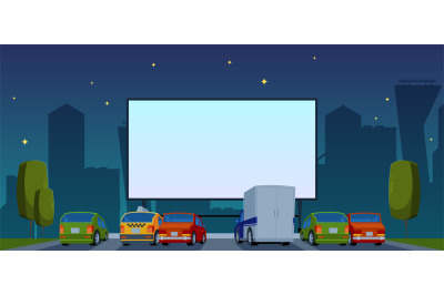 Outdoor cinema. Automobile in dark night filming attraction events in