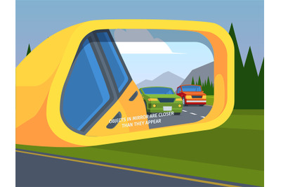 Rear view mirror. Car reflection side driving symbols outdoor vehicle