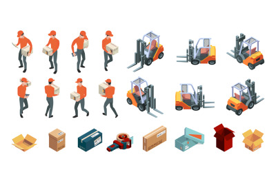 Warehouse isometric. Shipping transporting and forklift loader service