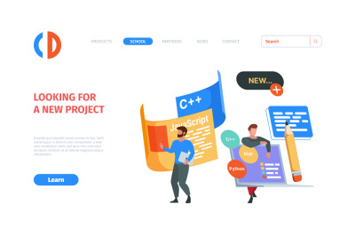 Programmers landing page. Business web page template with designers an