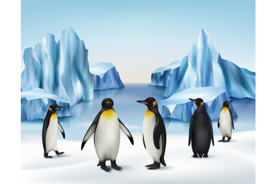 Ice rocks. North pole cold snow background with penguins standing on i