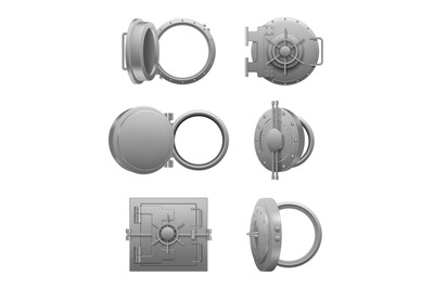 Round bank doors. Closed and open different types of steel door for ba