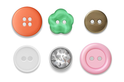 Clothes buttons. Fabric textile sewing items buttons with thread decen