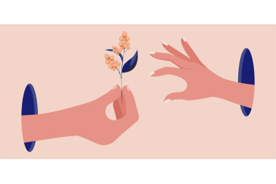 Hands with flower. Hand from blue hole hold berry bunch. Abstract cont