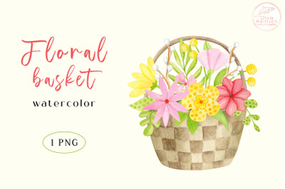 Watercolor Basket with Flowers PNG. Floral Sublimation PNG Clipart