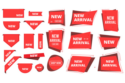 New arrival badges corners. Red labels for apparel store, shop or mark