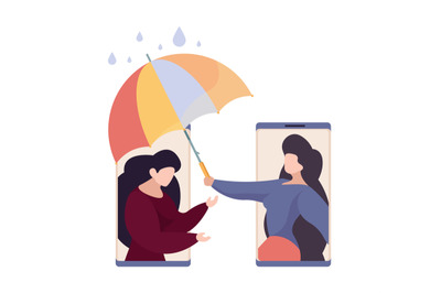 Online support. Friend hold umbrella under sad tired woman. Depression