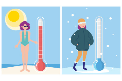 Winter and summer. Weather thermometer, hot and cold temperature. Girl