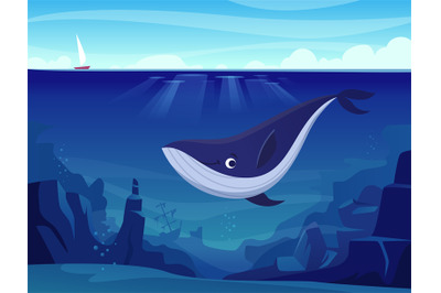 Underwater life. Whales and big fishes in ocean deep blue sea wild swi