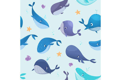 Whales pattern. Textile template pictures with underwater wild animals