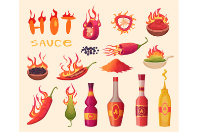 Hot sauce. Cartoon ingredients for delicious food green and red hot pe