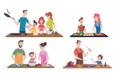 Family cooking. Happy couples and kids spend time at kitchen preparing