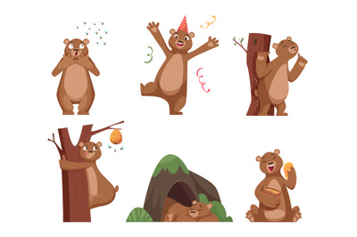 Bear cartoon. Wild funny animal in action poses brown comic bear with