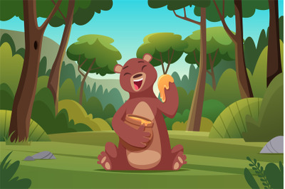 Forest background. Bear walking in forest wild brown animal in cartoon