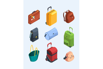 Isometric luggage. 3d pictures of suitcases luggage for travellers bag