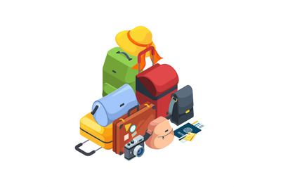 Travel luggage. Airport bags collection 3d isometric travelling pack f