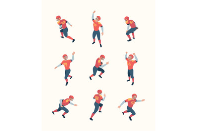 American football players. Isometric persons with ball in dynamic pose