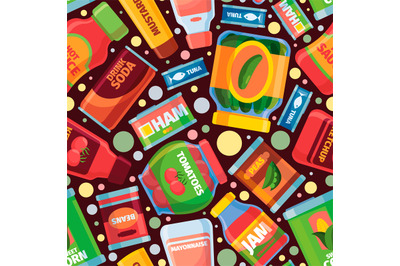 Food pattern. Canned grocery products pictures for textile design seam