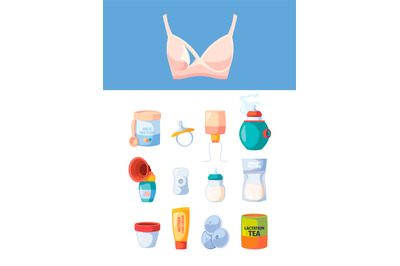 Breastfeeding symbols. Maternity pumping breast with milk bottle for n