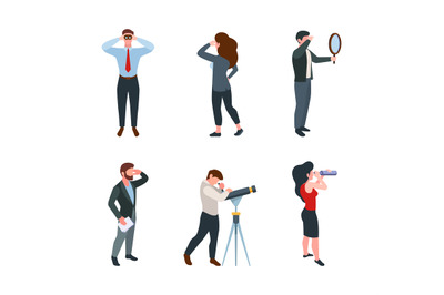 Business people watching. Characters view in telescope magnifying glas