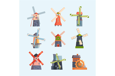 Water windmills. Netherlands rural buildings in cartoon style brick to